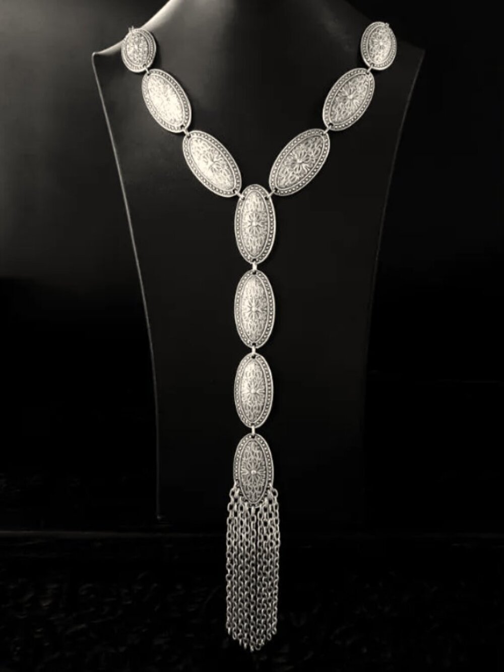 Turkish "Y" Drop Decorative Medallion necklace, silver, Chain Fringe Tassel